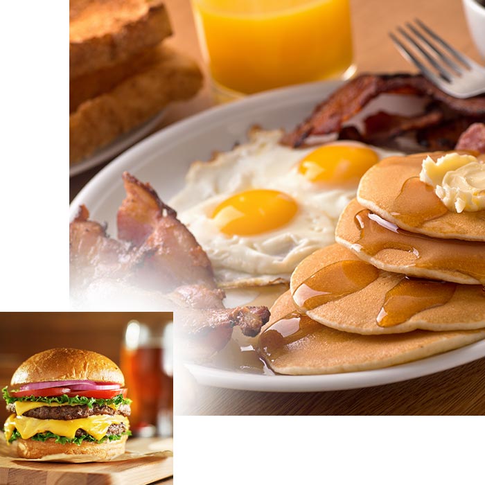 The best breakfast eggs, bacon and pancakes topped with butter and syrup alongside a lunch or dinner double cheeseburger served at the best restaurants in the lake Geneva area