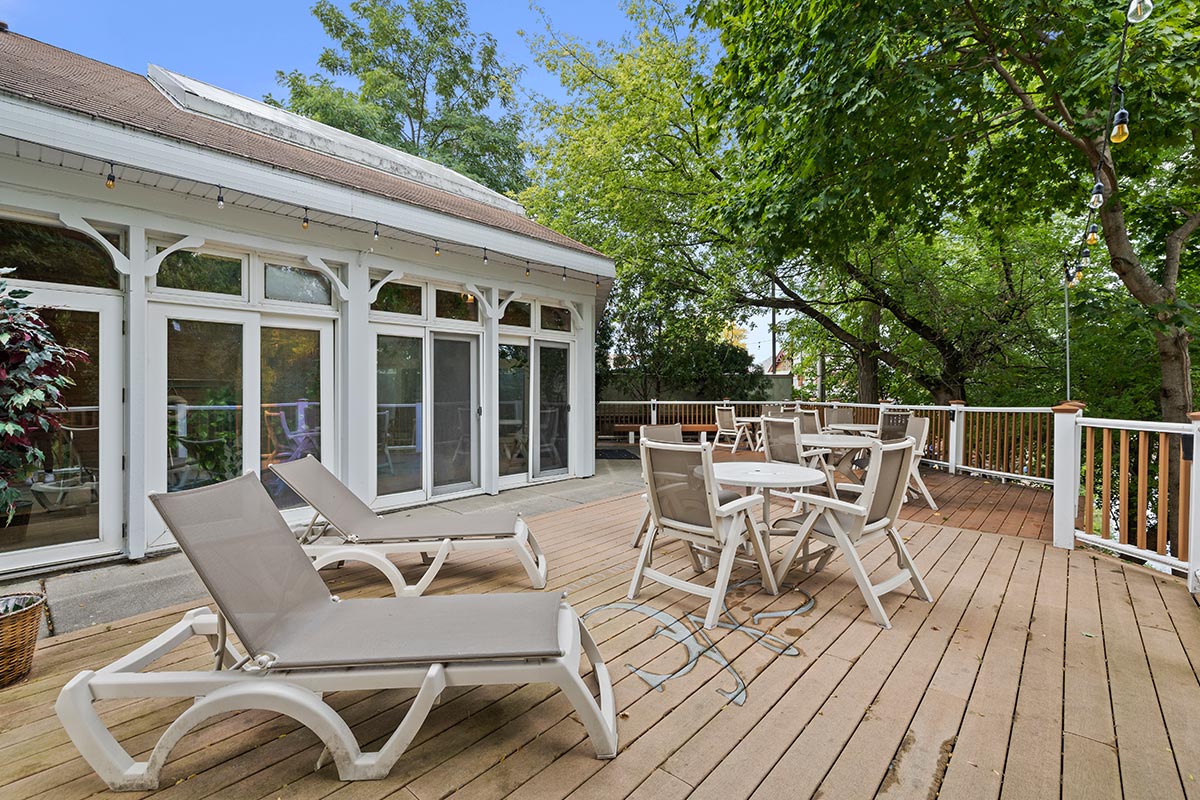 Outdoor deck and lounging area at The Mill Creek Hotel and Suites in Lake Geneva Wisconsin