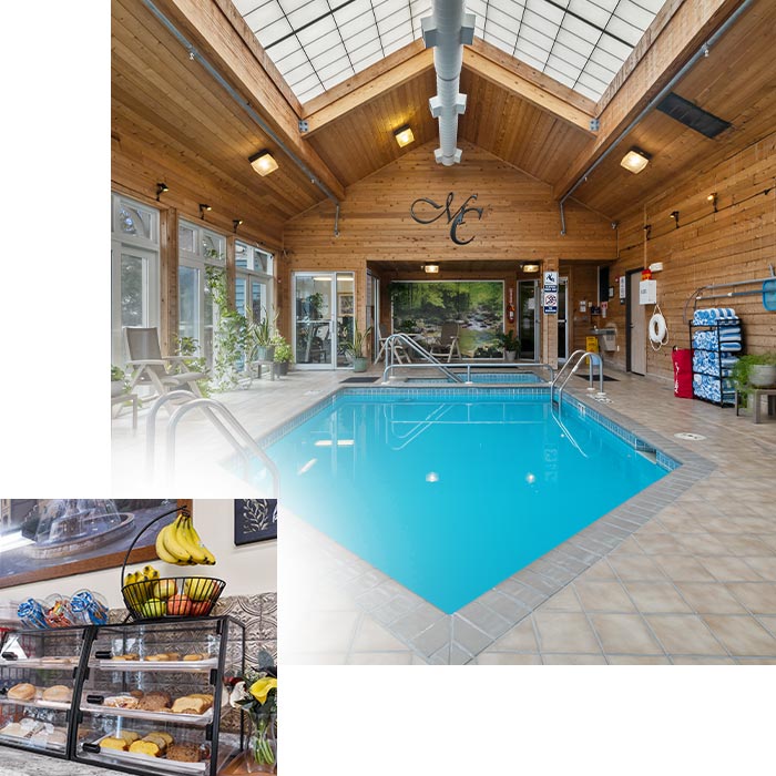 Amenities at The Mill Creek Hotel and Suites in Lake Geneva Wisconsin include a indoor solarium with pool and whirlpool hot tub with free hot and cold breakfast daily