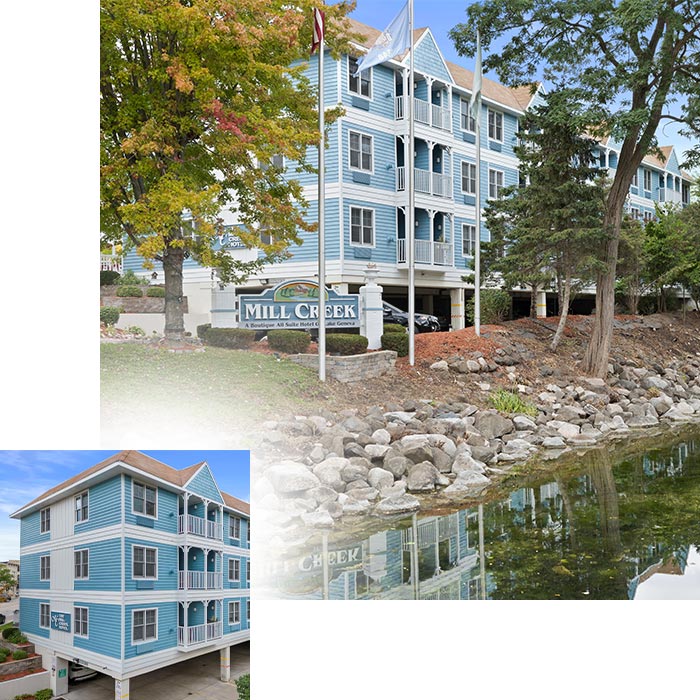 The Mill Creek Hotel and Suites in Lake Geneva Wisconsin is nestled downtown within walking distance to shops and restaurants alongside the White River